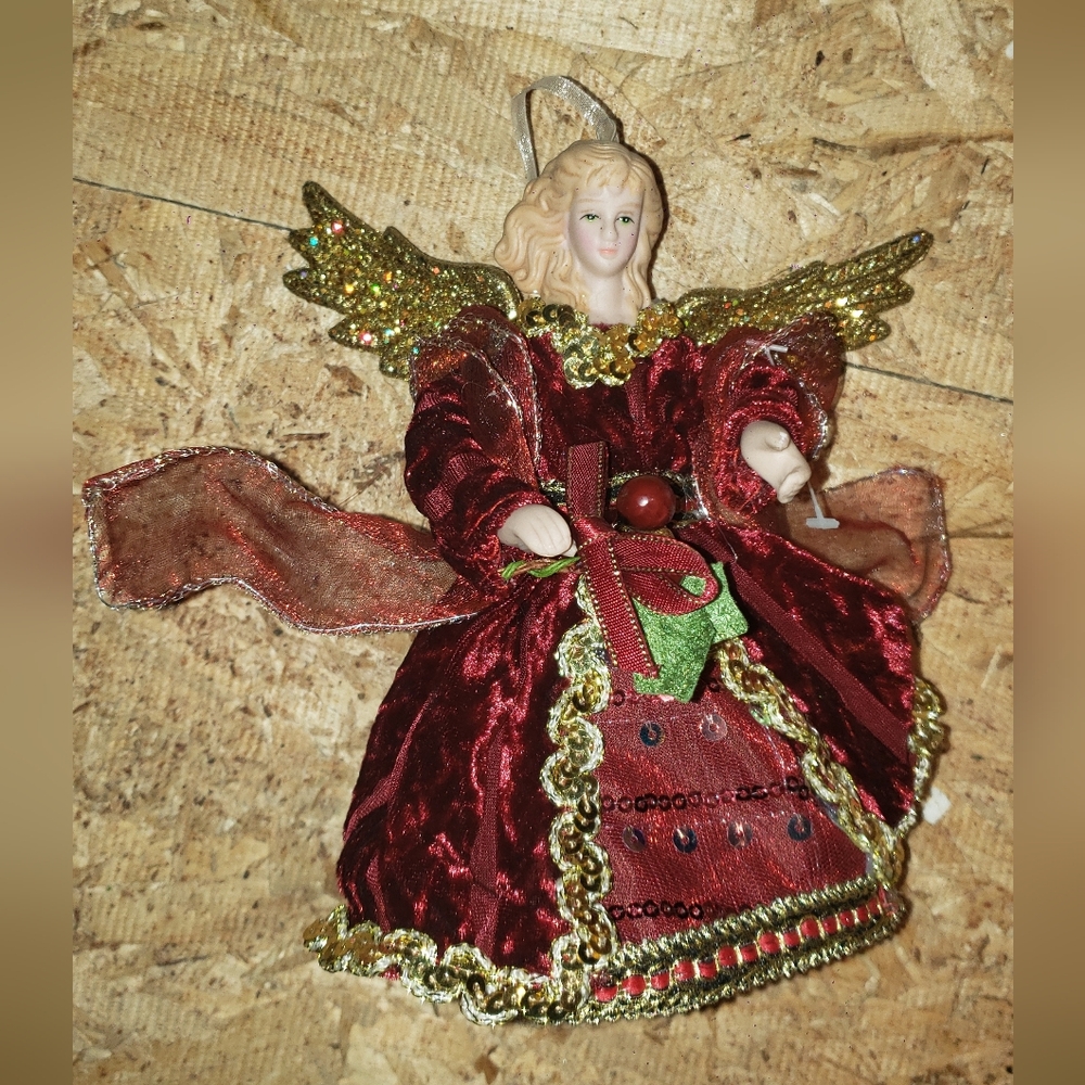 Elegant Red Angel Tree Topper Or Figurine with Gold Accents